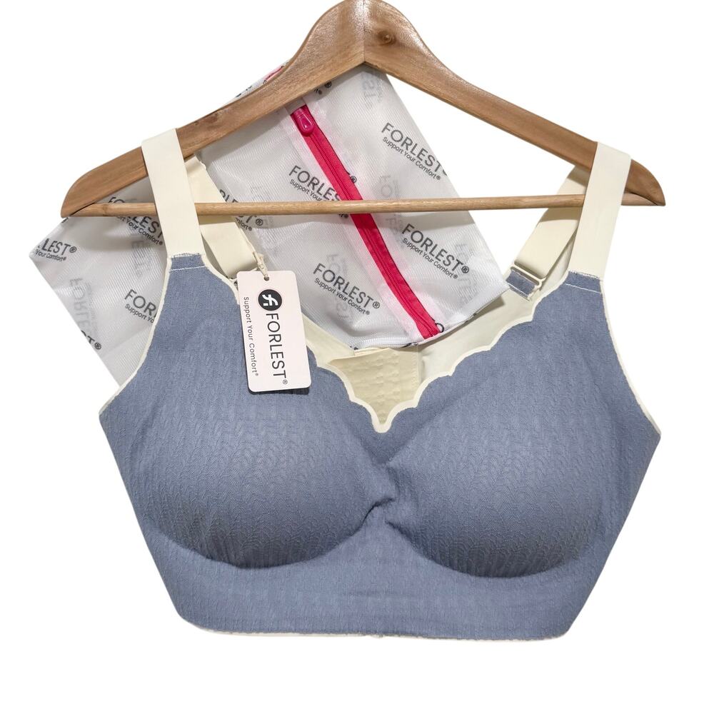 Forlest 4XL+ Wireless Comfort Bra Blue Cream Scalloped Seamless NWT